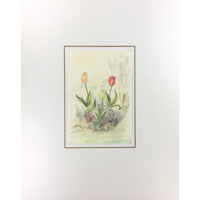Delicate watercolor painting of red, yellow, and orange tulips, c. 1980. Original artwork on paper displayed on a white...