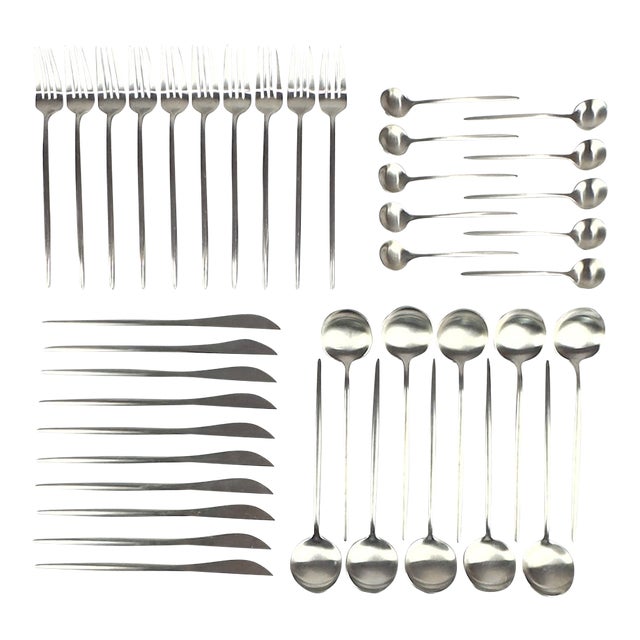 Contemporary Vintage Style Brushed Stainless Steel Cutlery Set by Rosseta Home - Place Settings for 10 / 40 Pieces For Sale