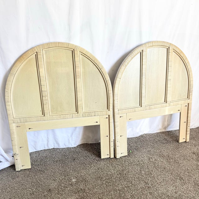 Late 20th Century Boho Chic White Washed Wrapped Wicker Twin Headboards - A Pair For Sale - Image 5 of 6