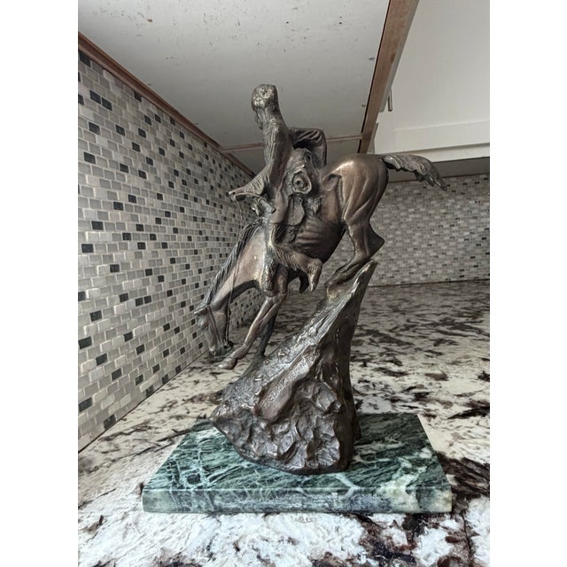 Frederic Remington Style Native American Horseback Sculpture on Green Marble Base For Sale In Houston - Image 6 of 10