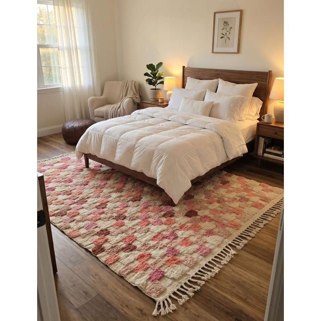 Pink Moroccan Rug – Handmade Textured Checkered Berber Wool Rug This charming handmade Moroccan rug features a soft ivory...
