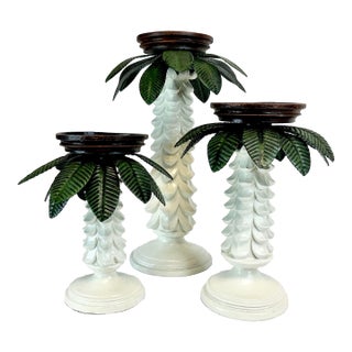 1980s Vintage Coastal Boho Chic Palm Tree Pillar Candle Holders - Set of 3. For Sale