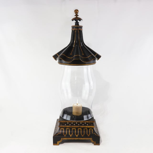 Vintage Black and Gold Pagoda Top Hurrican Candle Holder Lantern With Glass Globe For Sale - Image 4 of 11