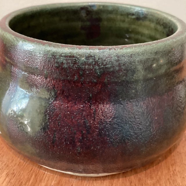 Army Green Vintage Fire Glazed Handmade Pottery Bowl Artist Signed For Sale - Image 8 of 13