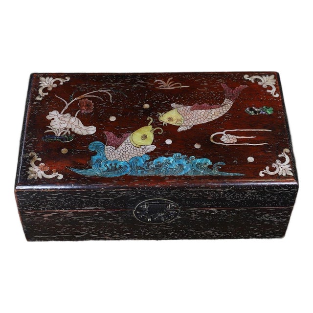 Zitan Wood Box Inlaid With Mother-of-Pearl Fish Motif For Sale