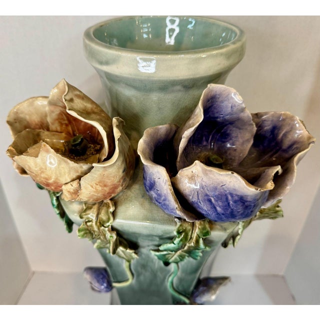 Majestic Large Art Deco Faience Majolica Vase delicately adorned with hand-shape flowers. Gorgeous shades of green, blue &...