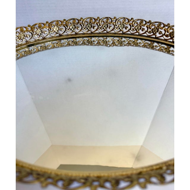 1960s Vintage Hollywood Regency Gold Filigree Vanity Tray Mirror, Oval Ormolu Style Dresser Tray For Sale - Image 5 of 11