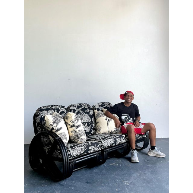 Vintage Black Rattan Sofa in Quadrille “Royal Journey” For Sale - Image 11 of 18