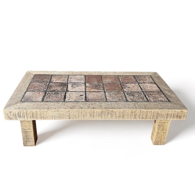 Vintage Brutalist Wood and Ceramic Coffee Table, 1970s, in Very Good conditions. Designed 1970 to 1979