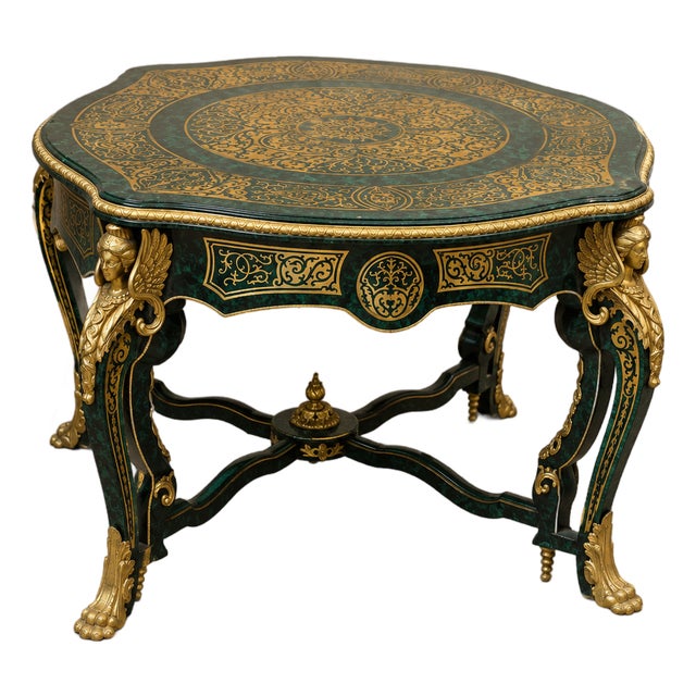 French Louis XV Bottle Green Center Table – Ornate Gold Leaf & Bronze Ormolu Details For Sale