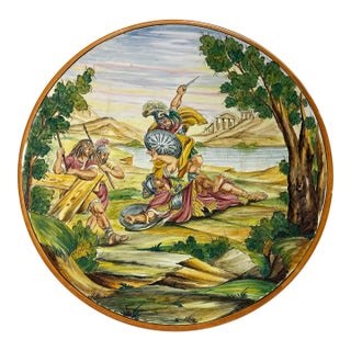 Large Vintage Hand Painted Italian Majolica Pottery Charger Dish Plate 20 Inches For Sale