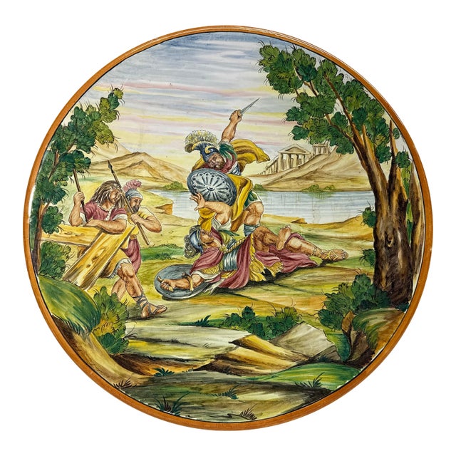 Large Vintage Hand Painted Italian Majolica Pottery Charger Dish Plate 20 Inches For Sale