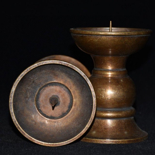 Metal Pair of Bronze Candle Holders — Curved Dish & Trumpet Base, Aged Patina For Sale - Image 7 of 9