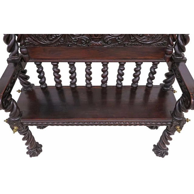 1800's Antique Spanish, Baroque Revival, Carved, Walnut, Twist Legs, Hall Bench!! For Sale - Image 4 of 7