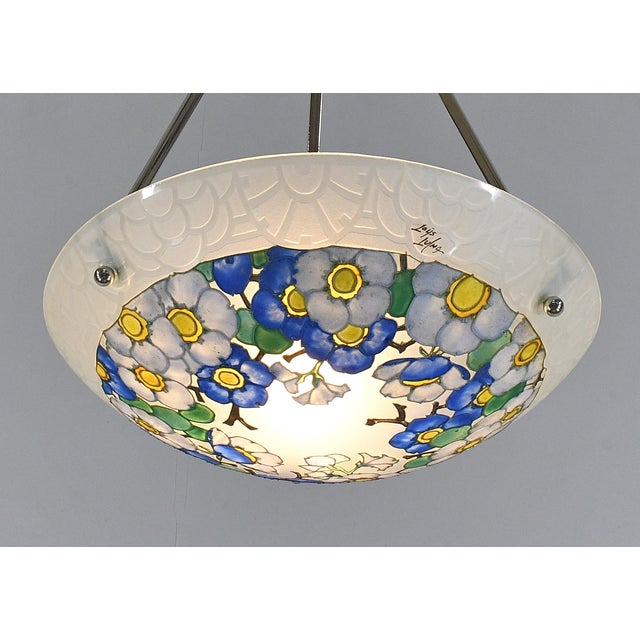 Metal Loys Lucha French Art Deco Pendant Light 1930s - Blue White Floral Enameled Bowl For Sale - Image 7 of 13
