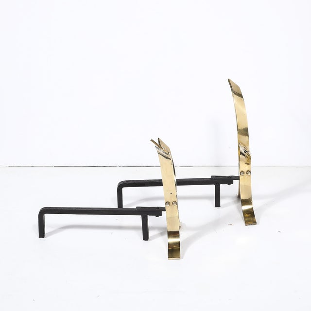 Donald Deskey Pair of Mid-Century Modernist Andirons in Polished Brass by Donald Deskey For Sale - Image 4 of 10