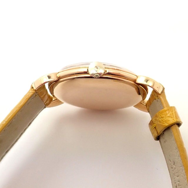 Metal Movado 18k Yellow Gold Automatic Bumper Yellow Alligator Band Watch R8405 For Sale - Image 7 of 8