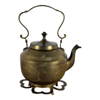 Antique English Victorian Brass Teapot With Stand For Sale