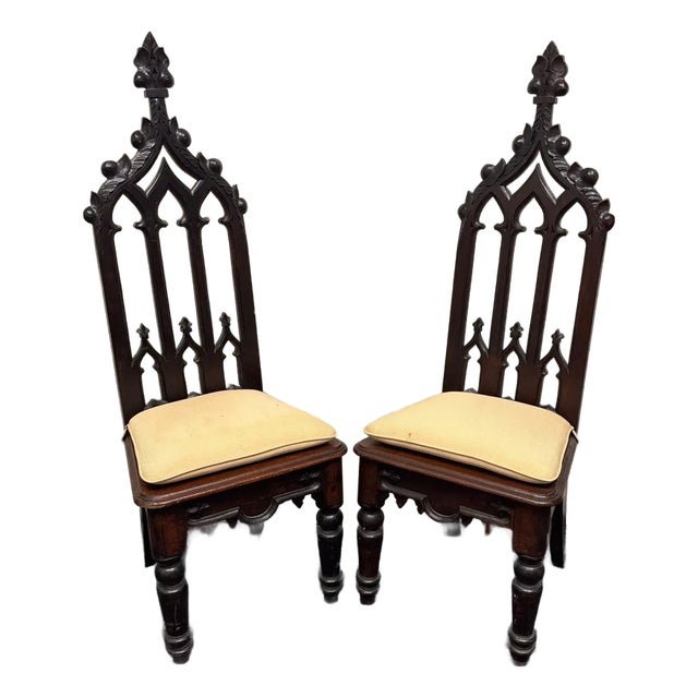 Vintage Pair Gothic Revival Carved Cathedral Arches Dark Wood Hall / Side Chairs W/ Cushions For Sale