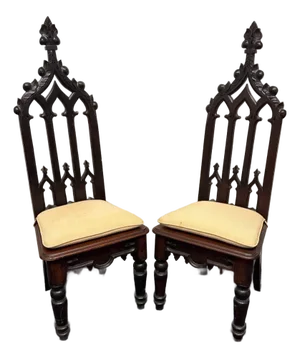 Vintage Pair Gothic Revival Carved Cathedral Arches Dark Wood Hall / Side Chairs W/ Cushions