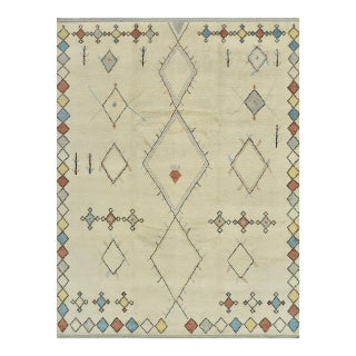 Moroccan Rug 9’3” X 12’2” Ivory Wool Contemporary Hand-Knotted Carpet For Sale