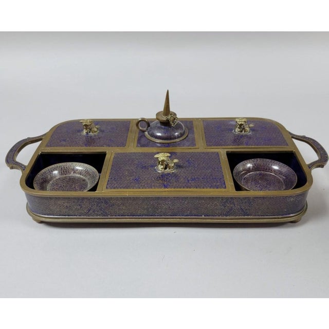 Late 19th Century Chinese Qing Cloisonné Opium Tray With Original Burner, Foo Dog Covers & Six Dishes For Sale - Image 9 of 11