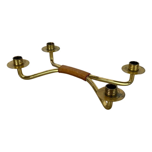 Modern Brutalist Brass and Leather Candleholder in the style of Auböck, 1950s For Sale