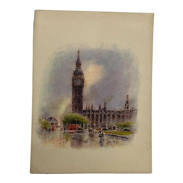 1960s Asterio Pascolini Vintage Art Lithograph London Big Ben Double Decker Bus For Sale