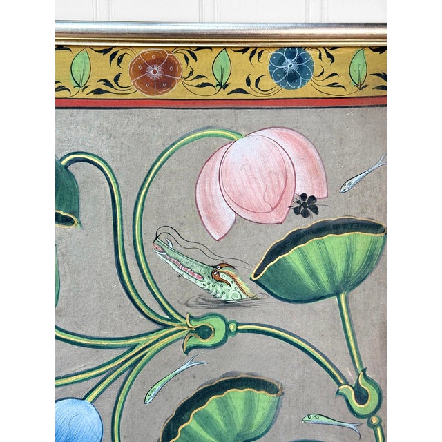 Vintage 4x6 Hindu Lotus Pond Pichwai Framed Wall Panel Art For Sale - Image 10 of 12