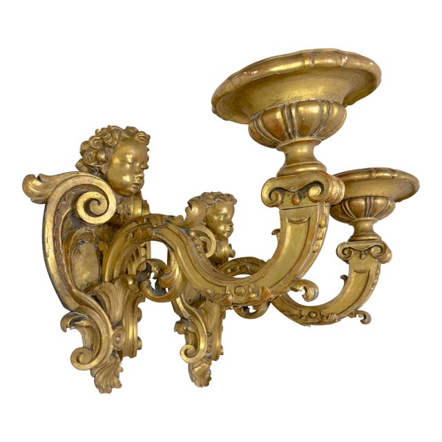 Large Antique Ornate Carved Italian Gilt Wood Cherub Wall Sconce Fixtures - a Pair For Sale