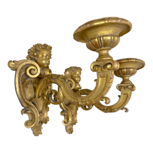 Large Antique Ornate Carved Italian Gilt Wood Cherub Wall Sconce Fixtures - a Pair