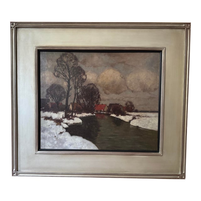 Winter Landscape by Carl Kustner, Oil Painting on Canvas C. 1910 For Sale