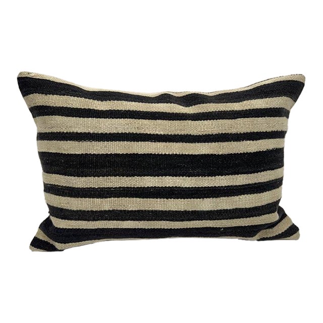Turkish Hemp Pillow Cushion Natural Beige Black Pillow Cushion Cover 16" x 24" For Sale