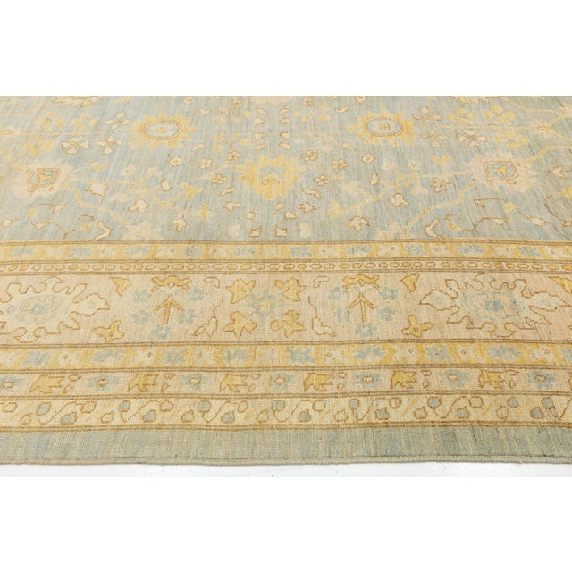 Goldenrod 15x23 Modern Transitional Oushak Style Light Blue & Goldenrod Hand-Knotted Wool For Sale - Image 8 of 10