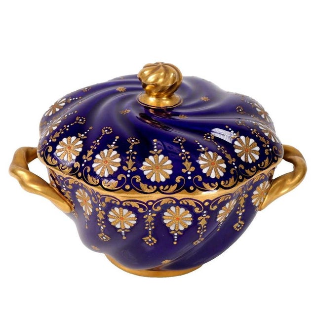 Antique Coalport Jewelled Cobalt Blue Twin-Handled Covered Bowl, 1872 For Sale - Image 9 of 14