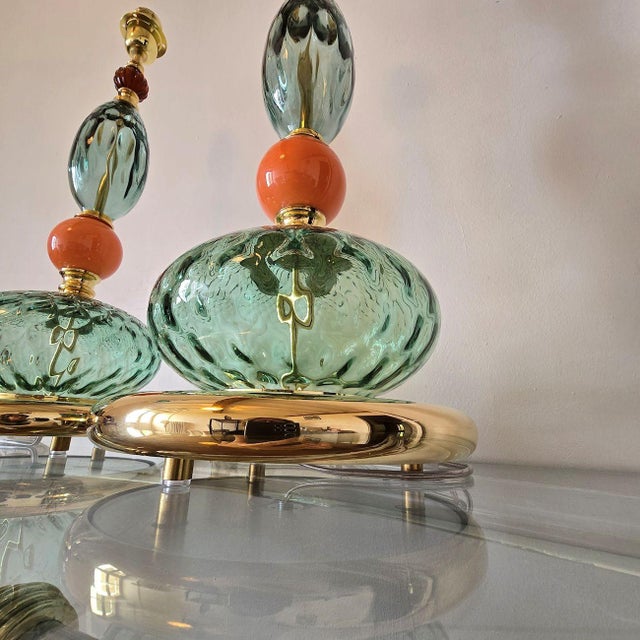 1990s Pair of Green, Mid Century Modern, Murano Glass Table Lamps For Sale In Dallas - Image 6 of 9