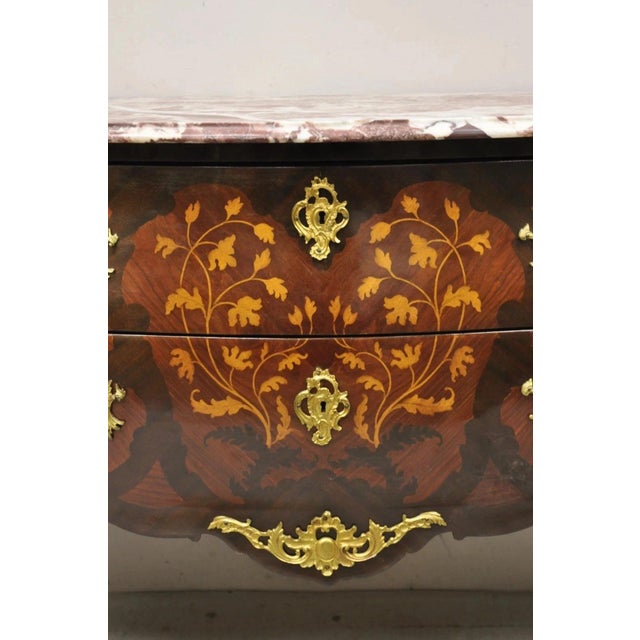 Wood Late 20th Century French Louis XV Style Marble Top Marquetry Inlay & Bronze Bombe Commode Dresser For Sale - Image 7 of 12