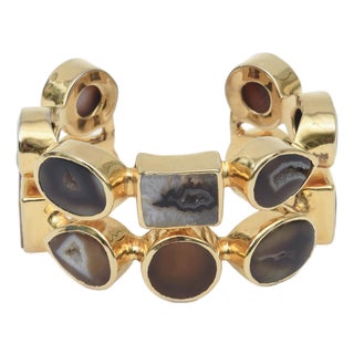 Gold Plated Two Row Cuff Bracelet With Agate Stones, 1990's For Sale