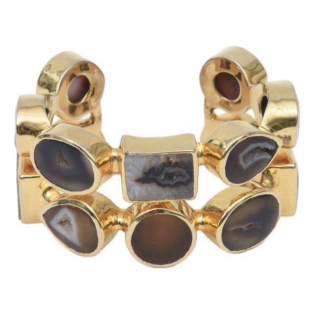 Gold Plated Two Row Cuff Bracelet With Agate Stones, 1990's For Sale