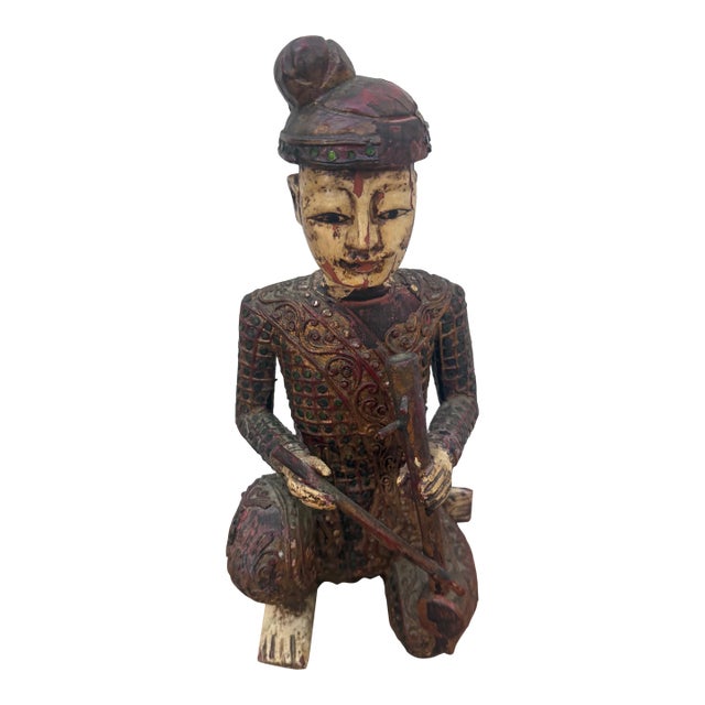 Mid 20th Century Hand-Carved Chinese Wooden Figural Sculpture of Seated Musician Holding Musical Instrument For Sale