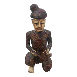 Mid 20th Century Hand-Carved Chinese Wooden Figural Sculpture of Seated Musician Holding Musical Instrument