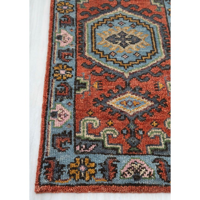 3x15Ft. Brunt Orange Light Blue Persian Design Inspired Hand Knotted Wool Runner Rug For Sale - Image 4 of 5