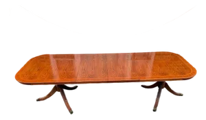 Vintage George III Style Cross-Banded Top Double Pedestal Inlaid Dining Table With Leaves