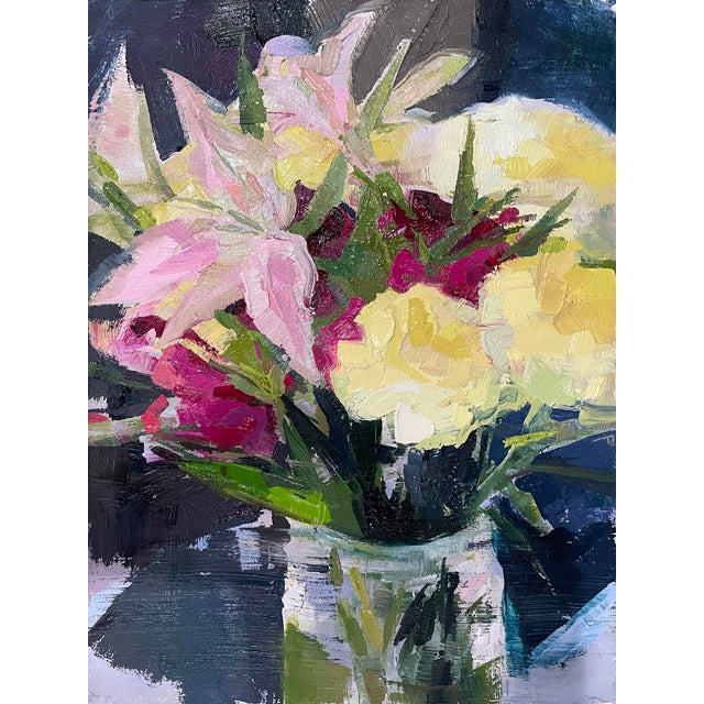 This artwork features a vibrant bouquet of flowers, rendered in expressive brushstrokes that convey both movement and...