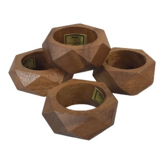 Vintage Wooden Faceted Napkin Rings - Set of 4 For Sale