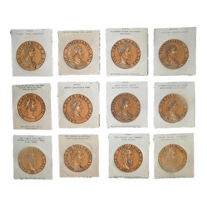 Authentic Antique Early 18th C. Hubert Goltzius Chiaroscuro Color Woodcut Portraits of Roman Emperors -- Set of 12