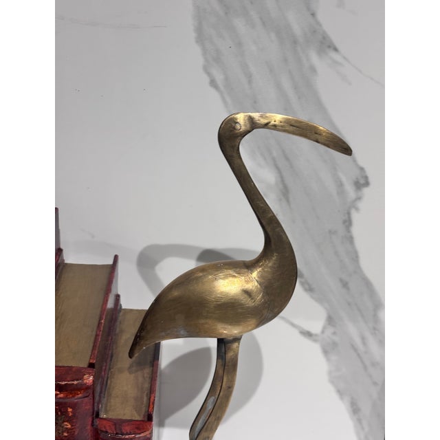 A Pair of Vintage Solid Brass Crane Figurines Standing Gracefully on Round Bases With a Warm, Aged Patina. For Sale - Image 4 of 12