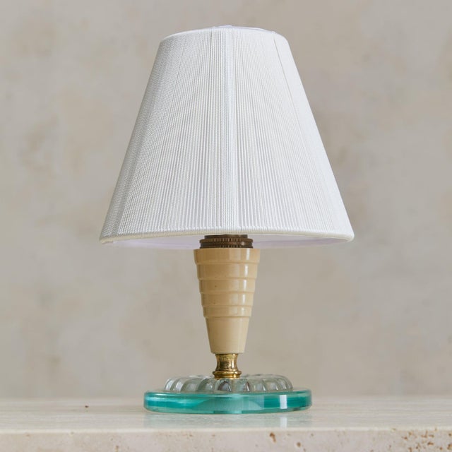 Mid-Century Modern Italian Ivory Lacquered Metal + Glass Table Lamp with String Shade, 1950s For Sale - Image 3 of 7