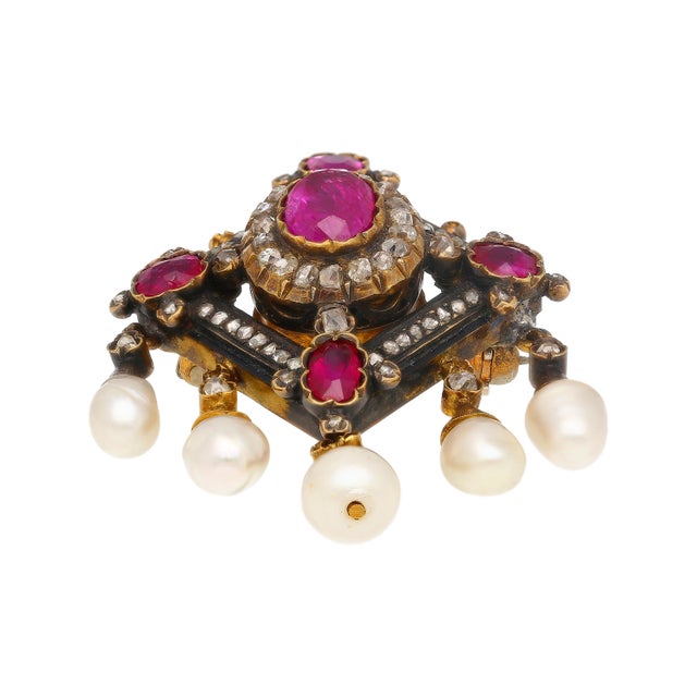 Late 19th Century Antique Victorian No-Heat Ruby, Pearl, & Diamond Gold/Silver Brooch For Sale - Image 5 of 10