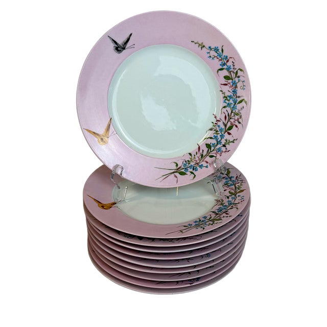 Pink Antique French Floral & Butterfly Pink Limoges Porcelain Dinner Plates – Set of 10 For Sale - Image 8 of 8